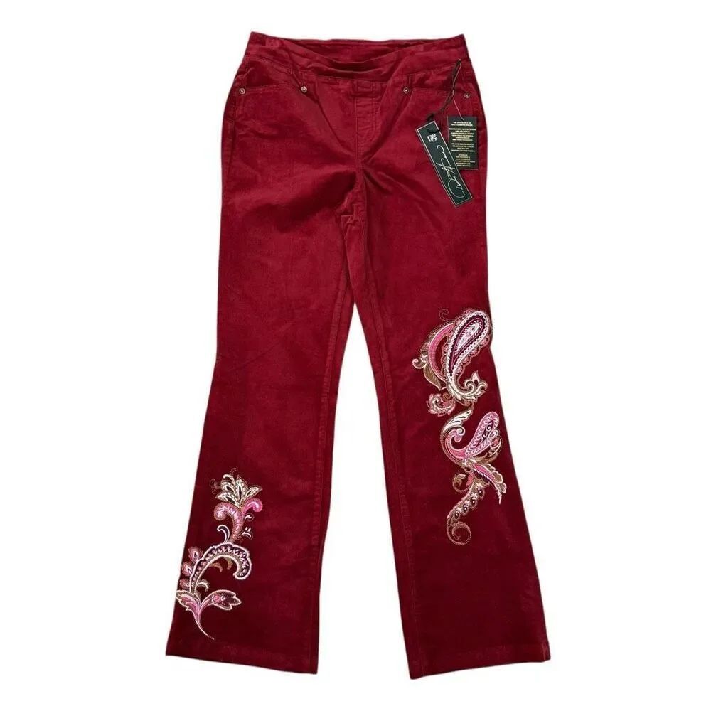 DG2 by Diane Gilman Stretch Velvet Pull-On Embroidered Bootcut Pant size 12 NWT - Picture 2 of 8